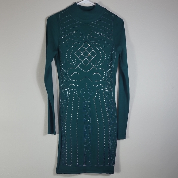 NWT Vintage Bodycon Sweater Dress Size M Green Mock Sequin Y2K 90s Deadstock - Picture 1 of 12
